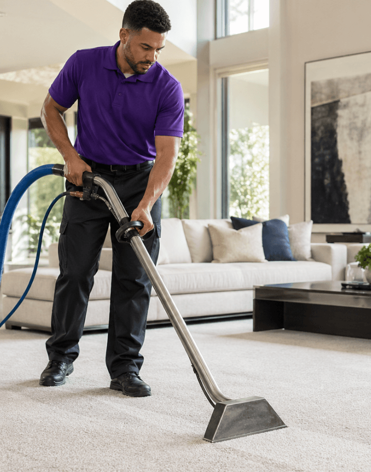 YXE Pristine technician using professional carpet cleaning equipment